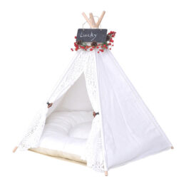 Outdoor Pet Tent: White Cotton Canvas Conical Teepee Pet Tent Collapsible Portable 06-0937 www.cattoyfactory.com