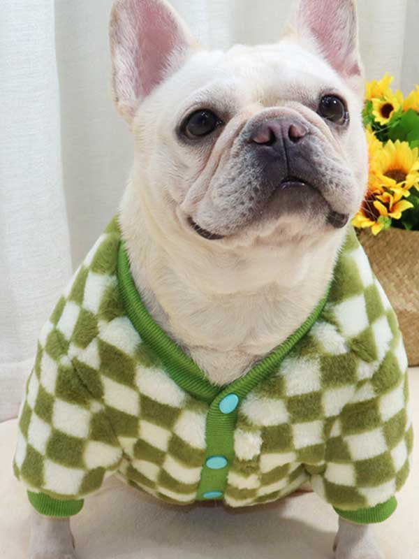 GMTPET Green and white checkerboard fat dog bulldog pug dog French fighting winter clothes plus velvet thick cardigan plush sweater 107-222039 www.cattoyfactory.com