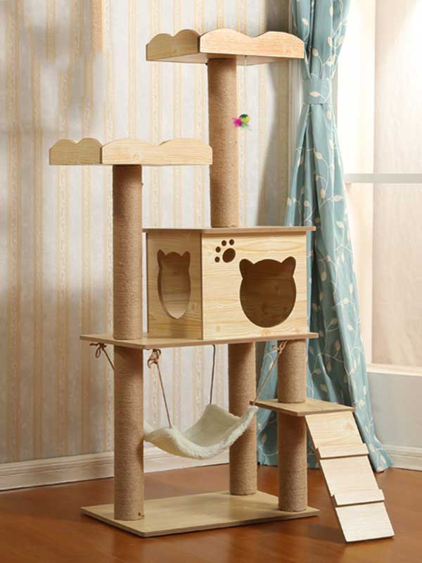 MDF plataforma dupla árvore para gatos rede para sala de gatos estrutura de escalada para gatos 06-1157 www.cattoyfactory.com