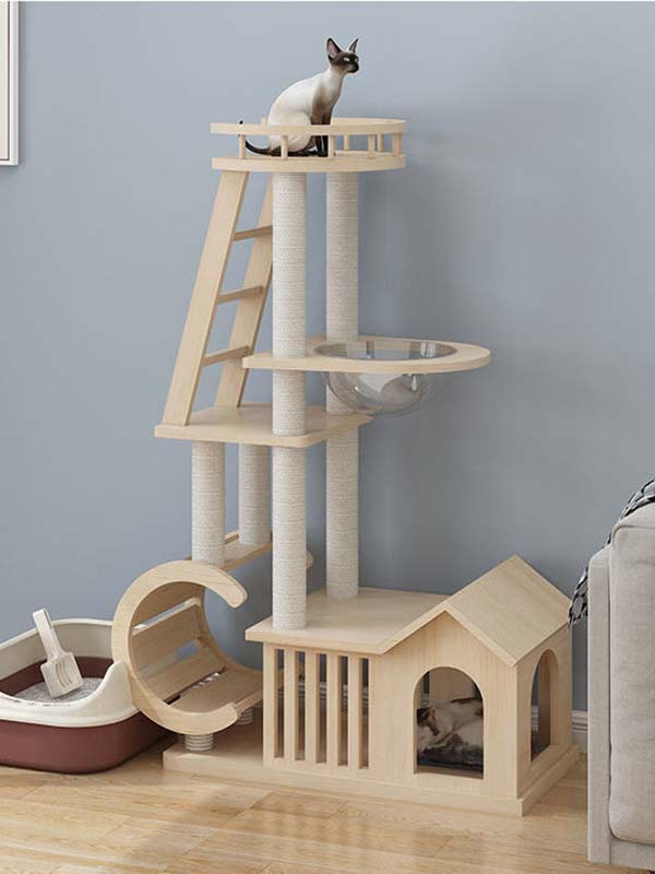Árvore de gato moderna | Torre de gato de madeira OEM | Estrutura de escalada para gatos em madeira 105-213 www.cattoyfactory.com