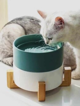 Tigela de cerâmica para gatos de estimação por atacado de fábrica com tigelas de suporte de bambu 123-12002 www.cattoyfactory.com