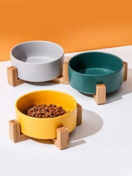 Tigela de cerâmica para gatos e animais de estimação por atacado de fábrica Tigelas de comida com suporte de bambu 123-12003 www.cattoyfactory.com