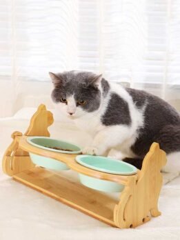 Wholesale Adjustable Wooden Cat Bow Ceramic Cat Food Bowl Dog Bowl