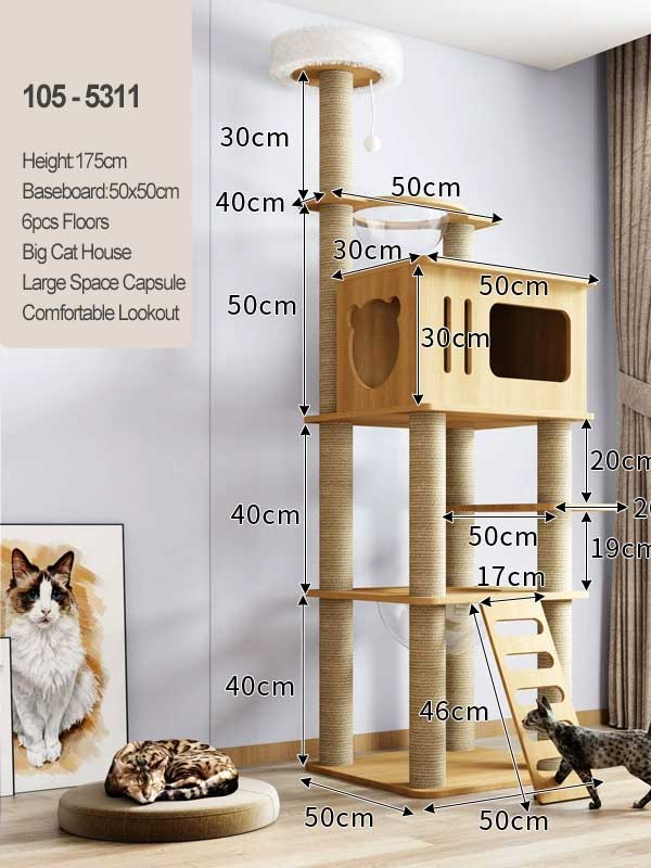 Cat Tree Wood 170CM 66.98 IN MDF Board with 6.5cm Pillar